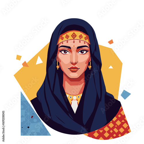 Stylized portrait of a woman in richly patterned traditional attire and jewelry, symbolizing culture, identity, and heritage.
