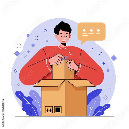 Vector image of smiling man unpacking a cardboard box with a speech bubble above, symbolizing delivery or e-commerce.
