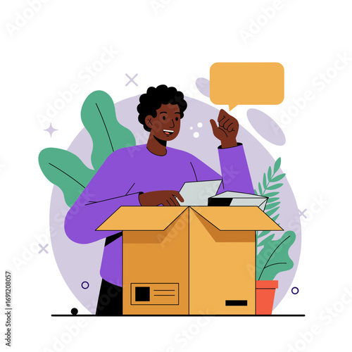 Illustration of cheerful man opening a cardboard box, suggesting moving, delivery, or unboxing experience with communication element.
