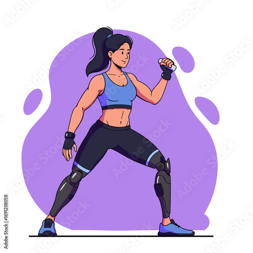Illustration of athletic woman with prosthetic legs in workout pose, representing strength, fitness, and disability empowerment.
