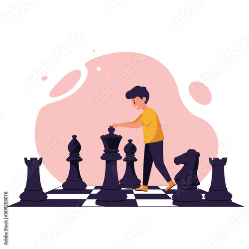 Cartoon boy standing on chessboard and moving large pieces, representing strategy, learning, and playful logic development.
