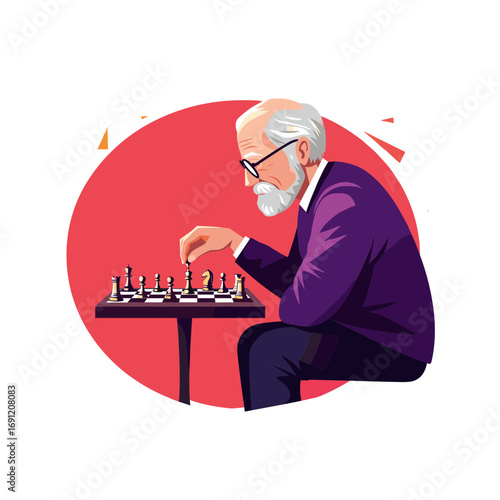 Illustration of an elderly man in glasses playing chess alone at a table, symbolizing wisdom, patience, and mental strategy.
