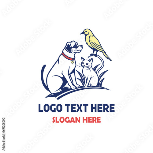 Pet Care Logo with Dog, Cat, and Bird Illustration