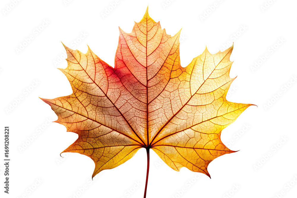 Fototapeta premium A yellow and red maple leaf isolated on a transparent background, symbolizing the transition of autumn