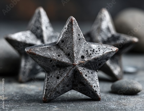 Close-up of three dark gray star-shaped objects on a textured surface