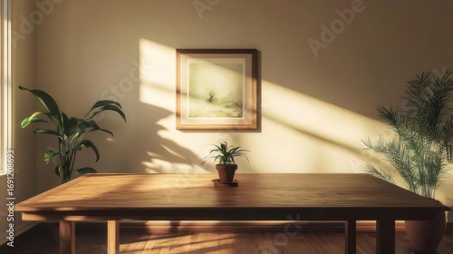 Wooden Table with Potted Plants and Framed Art Illuminated by Sunlight in Room Interior