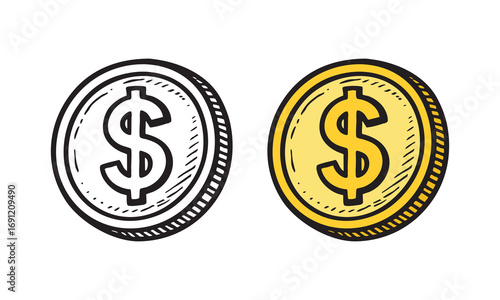 Illustration of dollar coin, simple hand drawn style for finance, business, and money concept design.
