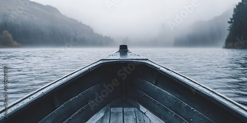 Inside a wooden boat on a misty lake during a rain shower with foggy hills Water