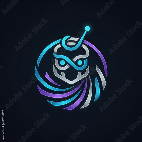 Robot head logo icon with antenna and abstract lines. 