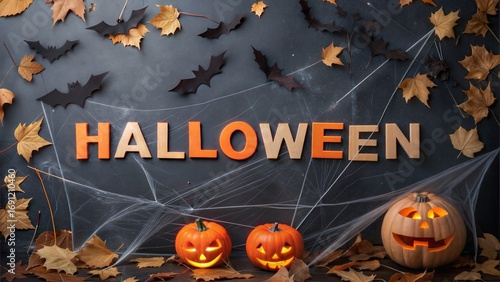 Festive halloween decorations with carved pumpkins bats and autumn leaves on a dark textured background