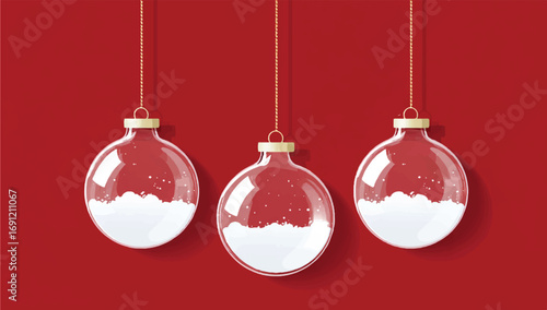 Three Clear Glass Christmas Ornaments Filled with Snow Hanging on a Red Background Holiday Season