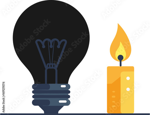 Illustration of a light bulb and a candle representing a blackout scenario, bright colors, copy space