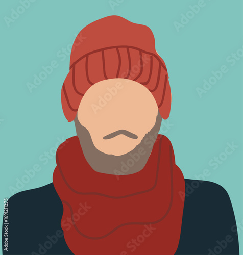 Abstract young man portrait in beanie hat. Faceless male character with beard and moustache. Person poster, head avatar, hand drawn vector illustration.