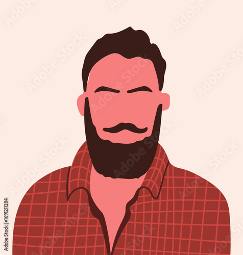 Abstract male portrait, poster. Modern trendy fashion man with beard, mustache, moustache. Faceless character, unique user profile. Hand drawn vector illustration.