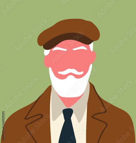 Abstract portrait, senior man. Old gray-haired character with mustache, beard, in cap, faceless avatar,  mature elderly male with  moustache, hand drawn vector illustration.