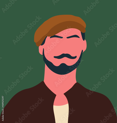 Abstract male portrait, poster. Modern trendy fashion man with beard, peaked cap. Faceless character, unique user profile in leather jacket. Hand drawn vector illustration.