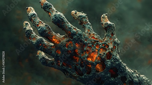 A close-up of a haunting hand, its form distorted by a chilling fiery transformation. The texture is rough and otherworldly, and the tones evoke a sense of unease and wonder.