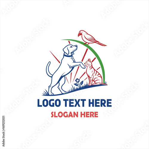 Pet Care Logo with Dog, Cat, and Bird Vector Illustration