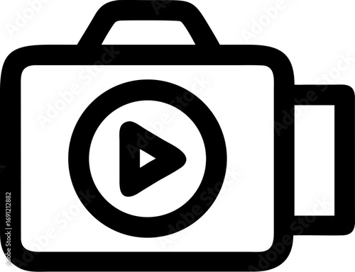 A simple black and white outline icon representing a video camera with a play button symbol on its screen.