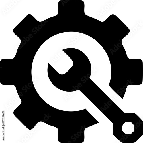 A black and white icon depicting a wrench inside a gear, symbolizing mechanical repair and engineering services.