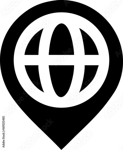 Black and white location pin icon with a globe inside, representing global positioning.
