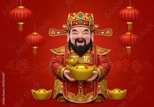 Chinese God of Wealth, Cai Shen, with Gold Ingots and Lanterns, CNY Celebration