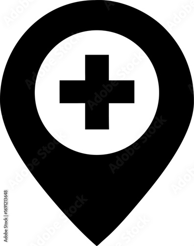 A black and white graphic icon representing a location marker with a white circle containing a black plus sign.