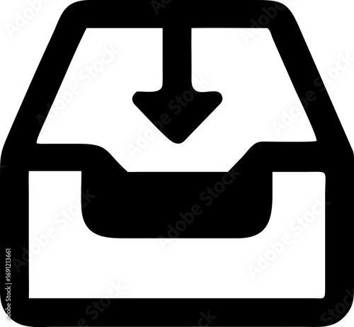 A black and white outline icon representing an inbox or download symbol with an arrow pointing downwards into a tray.