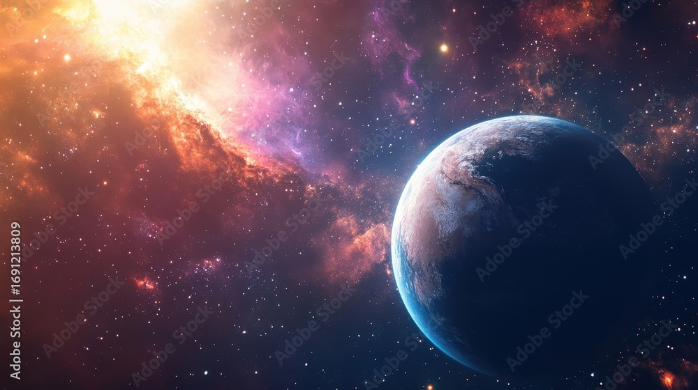 Obraz premium Stunning Space Scene with a Bright Planet and Colorful Nebula in the Background