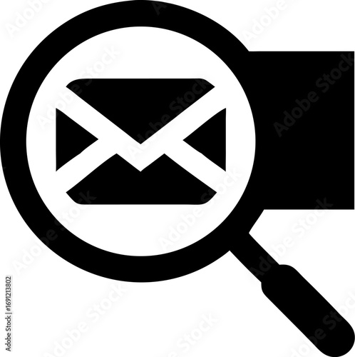 A black and white graphic icon of a magnifying glass examining a mail envelope, symbolizing search and inspection.