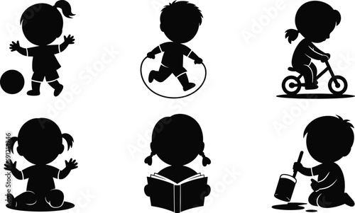 Black silhouette kids playing, skipping rope, cycling, reading, painting, sitting, childhood activity vector illustration, children lifestyle design, education fun concept