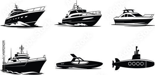 Boat silhouette vector, yacht, speedboat, ship, submarine illustration, marine vessel design, ocean transport, naval travel, watercraft icon, sailing concept