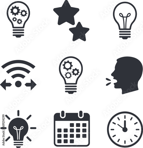 Business idea icons, innovation concept, light bulb creativity, calendar planning, star rating, technology communication, clock time management, silhouette speaking