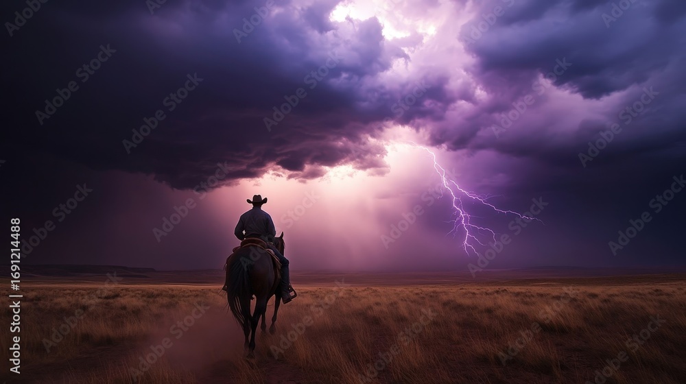 Fototapeta premium A lone rider under dark storm clouds with lightning strikes illuminating the sky during a wild and fierce thunderstorm.
