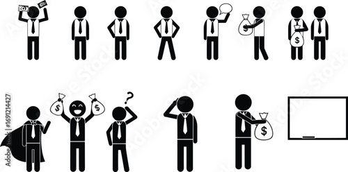 Business stickman icons, money bag vector, financial success illustration, office worker character, profit investment design, businessman silhouette, corporate growth presentation