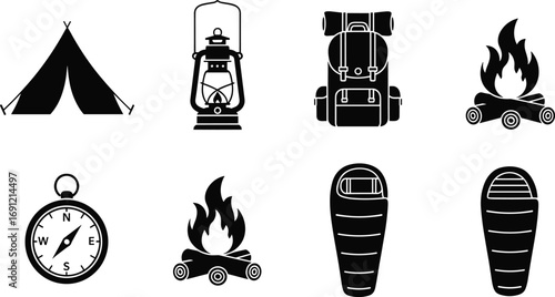 Camping silhouette icons, tent, lantern, backpack, campfire, compass, sleeping bag, outdoor adventure essentials, hiking gear, wilderness, travel, survival tools