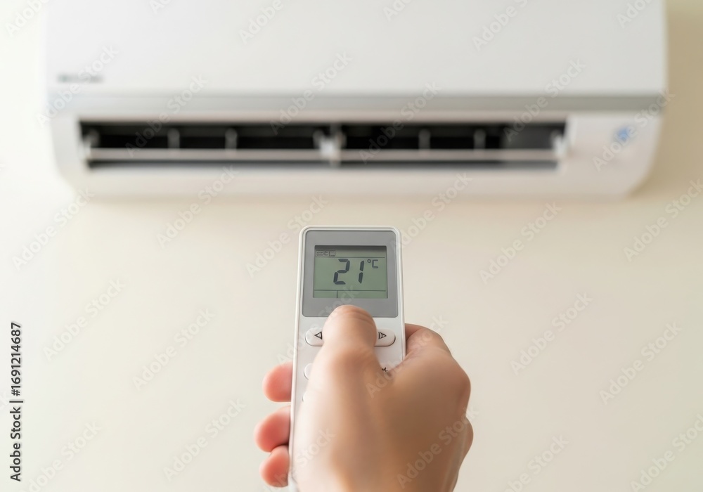 Hand holding air conditioner remote control pointing at unit Hand holding air conditioner remote control pointing at unit