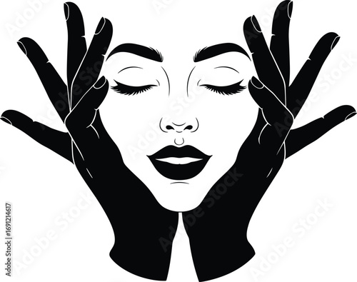 Elegant woman face silhouette, closed eyes portrait, feminine beauty illustration, fashion makeup design, black and white vector, abstract style