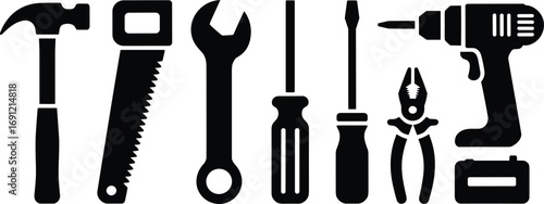 Hand tools silhouette icons, hammer, saw, wrench, screwdriver, pliers, drill, construction equipment, repair tools, DIY, hardware, workshop, mechanic