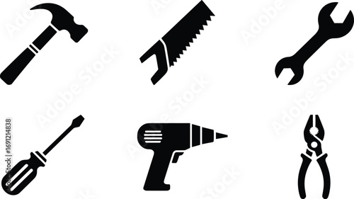 Hand tool silhouette vector, hammer, saw, wrench, screwdriver, drill, pliers illustration, construction equipment design, repair tools icon, workshop concept
