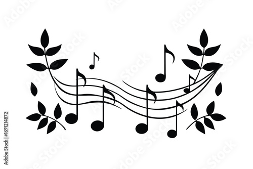 music notes floating within leafy border vector design