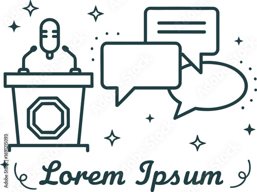 Podium illustration, microphone vector, speech bubbles design, public speaking concept, debate podium graphic, conference presentation symbol, business communication, lecture icon