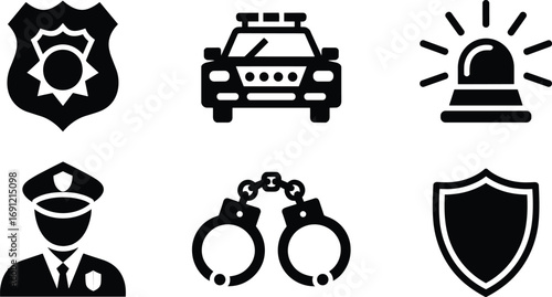 Police silhouette vector illustration, badge, patrol car, siren light, officer, handcuffs, security shield, law enforcement icon, justice crime control design