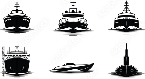 Ship silhouette vector illustration, yacht, submarine, speedboat, cruise ship, cargo vessel, navy boat, marine transport icon, ocean travel design