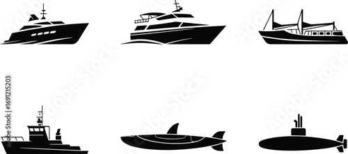 Ship silhouette vector, yacht, ferry, tugboat, speedboat, submarine illustration, marine vessel design, sea transport icon, ocean travel, naval concept