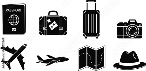 Travel silhouette icons, passport, suitcase, luggage, airplane, map, camera, hat, journey essentials, vacation, tourism, trip accessories, adventure, holiday