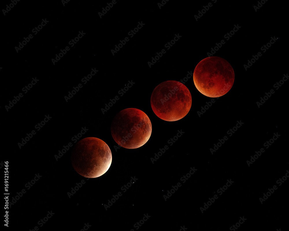 Naklejka premium Blood moon lunar eclipse sequence against a star-filled night sky.