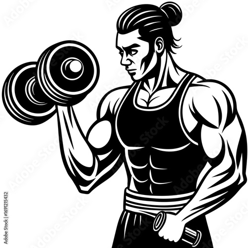 Muscular man lifting dumbbells in a black and white vector illustration.