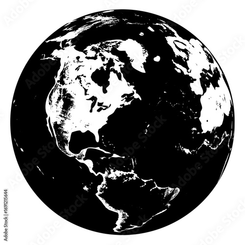 A high-contrast black and white image of the Earth, focusing on the Americas, with landmasses illuminated and oceans dark.