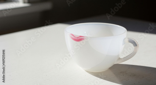 White coffee cup with pink lipstick mark on rim placed on marble surface. Morning beverage with feminine touch for cafe branding and lifestyle marketing
